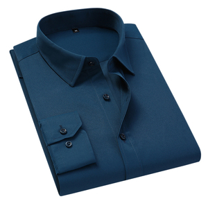 Camisas elásticas sólidas sin hierro para hombre, camisa de vestir de manga larga de Spandex, ajuste Regular para hombre con bolsillo frontal suave Easycared - Product Image 1