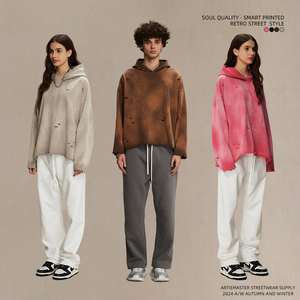 Wholesale 450g Men's Women's Custom Logo Hoodie Fashion Water Spray Print Irregular Holes Rough Edge Old Wash 3D Made Fabric - Product Image 2