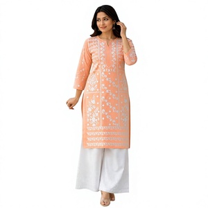 Conjunto de Kurta y Kurti de Algodón para Mujer, Pantalones Palazzo Blancos Casuales de Estilo Indio y Pakistaní, Largos hasta el Tobillo, Holgados, Tradicionales, con Top Bordado en Color Durazno - Product Image 1