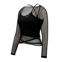 Combinaison de yoga 2-en-1 pour femme avec haut sculptant à dos nageur croisé et manches longues, séchage rapide, respirante et ajustée, en maille française