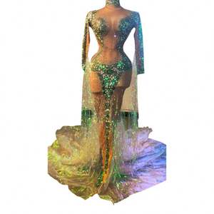 Diseñador Sexy Rhinestone Lentejuelas Fiesta Sirena <span class=keywords><strong>Vestido</strong></span> largo Mujeres <span class=keywords><strong>Drag</strong></span> <span class=keywords><strong>Queen</strong></span> Traje de escenario Nude Crystal Tassel <span class=keywords><strong>Vestido</strong></span> de fiesta de noche - Product Image 2