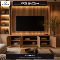 Meuble TV mural moderne OEM ODM avec panneaux grillagés en chêne et noyer, éclairage d'ambiance LED pour salon, chambre d'hôtel, appartement