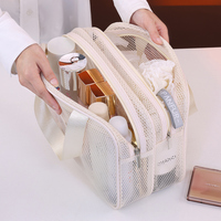 Sac de toilette de voyage à double couche en maille grande capacité, organiseur de cosmétiques multifonctionnel avec doublure en PVC lavable pour femmes