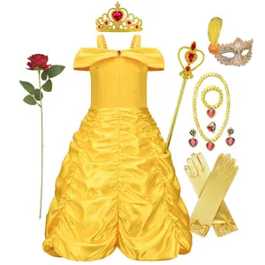 Vestido de princesa Bella para niñas, disfraz de cosplay de verano para niños, ropa de La Bella y La Bestia con palo, corona, regalo de fiesta de cumpleaños, 2 uds.