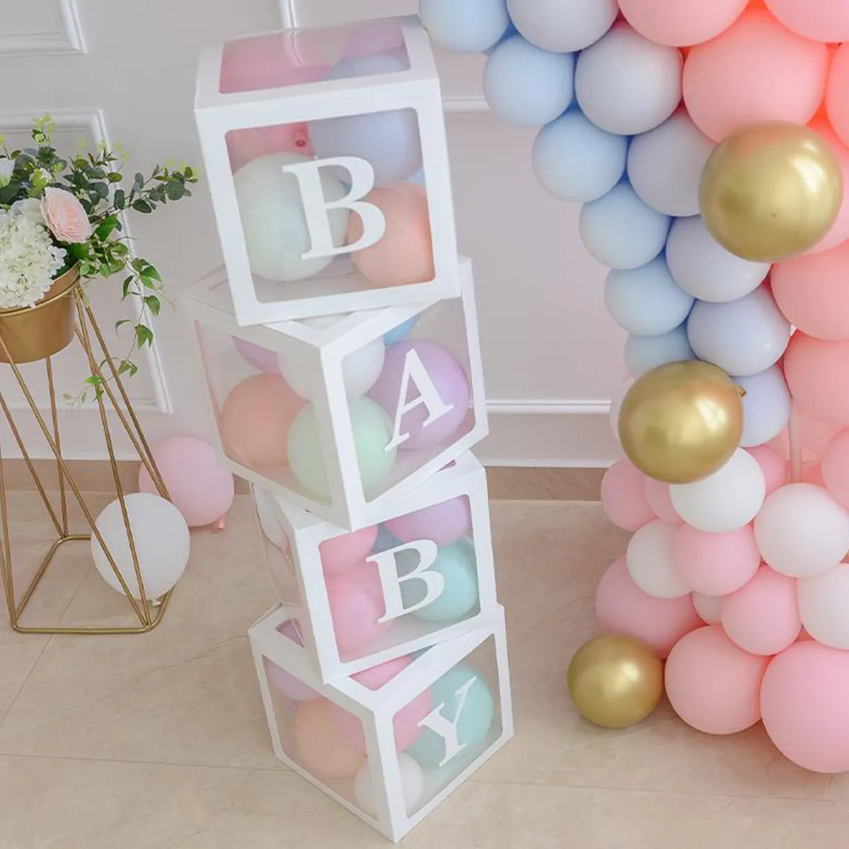 4 Buah Kotak Pancuran Bayi Putih Balon Transparan Set Hadiah Kotak Hadiah Huruf Laki-laki untuk Dekorasi Baby Shower Perlengkapan Pesta Ulang Tahun