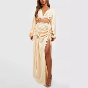 2025 New Design Women Clothing Highly Customized Linen Set <b>Long</b> Sleeves Top with High <b>Split</b> <b>Skirt</b> Lady Two Piece Sets - Product Image 1