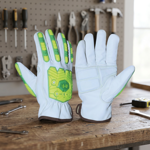 Gants de travail en cuir PU blanc avec embouts et paume antidérapants verts, poignet élastique, gants de sécurité polyvalents - Product Image 6