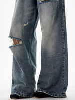 American Design Fried Street Trendy Brand Pants Retro Ripped Jeans for Women Niche Ruffian Handsome Washable Denim Hole Couple