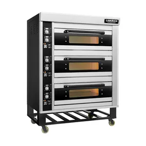 Oven roti dek listrik 380V/220V, penggunaan rumah Oven Pizza Stainless Steel 3 lapis 6 nampan-penggunaan baru