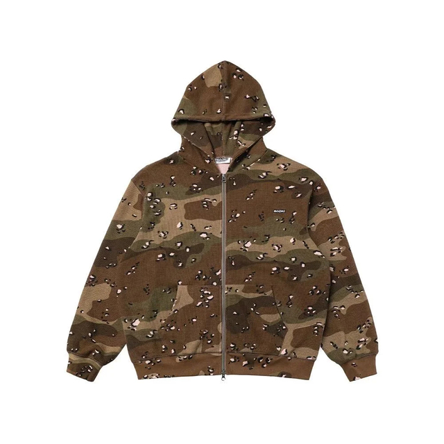 YUHCEN Top Quality Camouflage DTG Printing Two-Way Zipper Heavyweight Cropped Boxy Zip up Camo Waffle Weave Hoodies