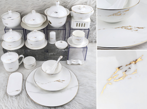 Juego de vajilla de porcelana china con decoración de mármol dorado y borde dorado a mano, vajilla de lujo para hotel, banquete de boda, restaurante, 45% de contenido de hueso de alta calidad - Product Image 2