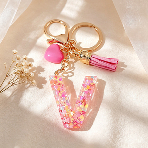 Pink Glitter Resin Letter E Keychain, Initial <b>Key</b> <b>Ring</b> with Heart Charm, Cute Tassel Accessory for Handbags - Product Image 4