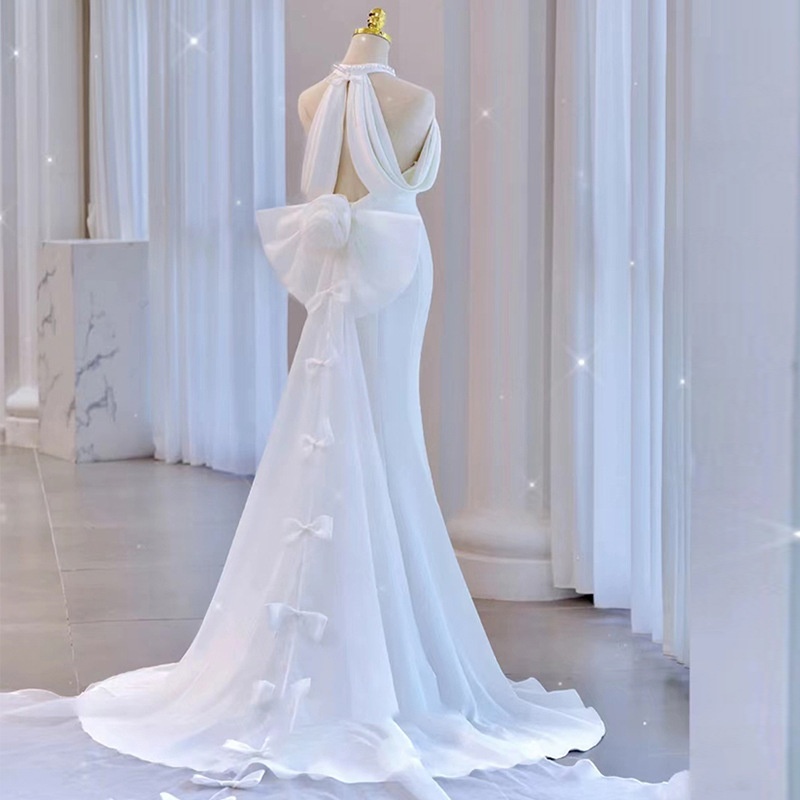 Elegant White French Satin Wedding Dress Halter Neck Sleeveless Sexy Sweet Mermaid  Bridal Dress| Alibaba.com