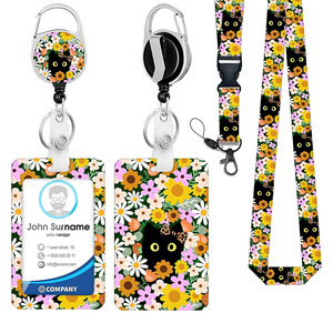 Wholesale <b>Spring</b> Colorful Flower Black Cat ID Badge <b>Clip</b> with Lanyard, Retractable Roller, Easy-Pull Buckle Card Holder Set - Product Image 1