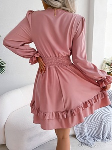 Mousseline de soie à manches longues robe d'été pour les filles <span class=keywords><strong>elle</strong></span> en robes Sexy à lacets nœud col en v volants Mini tenue décontractée - Product Image 2