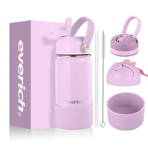 Hot Selling High Quality 18/8 Food Grade SUS 14OZ Kids Water Bottle with Flip Straw Lid and Silicone Holder