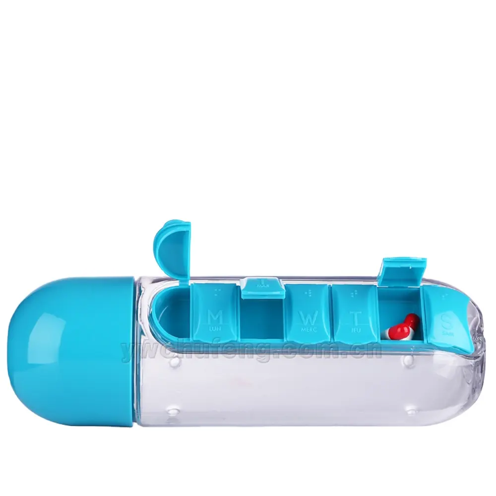 Garrafa de água com caixa de pílulas 600ml, garrafa de plástico com caixa de medicamentos, organizador de medicamentos, viagem, 7 dias