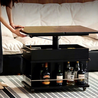 Table basse mobile pliable et réglable en hauteur en bois de pin, avec plateau relevable, extensible, sur roulettes, et rangement multifonctionnel