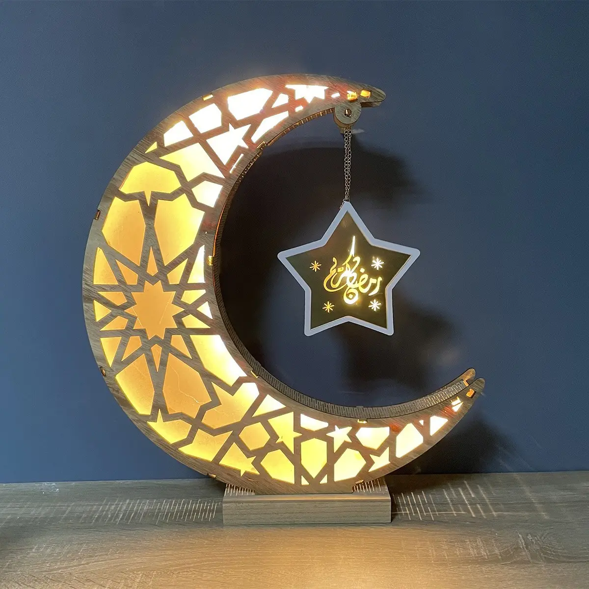 Newish luz noturna de decoração de madeira, estrela de lua branca e quente para pendurar na mesa, luz noturna