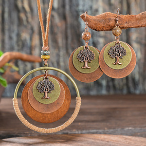 Ensemble collier et boucles d'oreilles Life Tree, en bois et alliage de cuivre, plaqué bronze antique, style bohème, bijoux pour femmes - Product Image 1