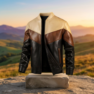 Blouson Bomber en Cuir Véritable pour Homme, Style Moto Biker Color Block, Fermeture Éclair, Col Montant, Idéal pour l'Automne - Product Image 1