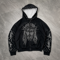 Sweat à capuche zippé personnalisé en molleton 500 GSM pour homme, 100 % coton, imprimé DTG avec strass, coupe ample, courte et oversize, style streetwear vintage, fabrication OEM ODM