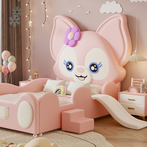 Lit de princesse moderne <span class=keywords><strong>en</strong></span> forme de château, rose pâle, lapin de dessin animé, cadre <span class=keywords><strong>en</strong></span> <span class=keywords><strong>bois</strong></span> créatif, rangement, garde-corps, revêtement <span class=keywords><strong>en</strong></span> cuir pour enfants - Product Image 6