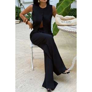 Robe longue noire élégante avec détails boutonnés, dentelle et fentes, en tissu Spandex, tailles XS-XXL, pour soirée et club, couleur unie - Product Image 5