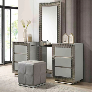 Modern Solid Wood <b>Vanity</b> Set with Stool Plinth Base Silver Molding Glass Top LED Headboard Mirror Gray Finish Bedroom Furniture - Product Image 1