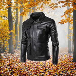 <b>Men</b> Genuine Leather Windproof Waterproof Eco-Friendly <b>Jacket</b> Turn-down Collar Zipper Front Multi Pockets Slim Fit Regular Length - Product Image 3