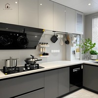 XINGRUO Armoires de cuisine modernes minimalistes sans poignées, ensemble d'armoires de cuisine modulaires blancs et gris avec plan de travail en marbre