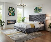 Combohome Cama Moderna Tapizada en Terciopelo, Estructura de Roble Macizo, Acolchado Profundo con Botones, Acabado Cromado Dorado, Gris, Ecológica