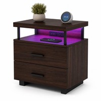 Comodino Smart con Luce Ambientale RGB, Ricarica Wireless Qi 15W, Impiallacciatura in Noce Scuro, Controllo App, Certificazione CARB P2