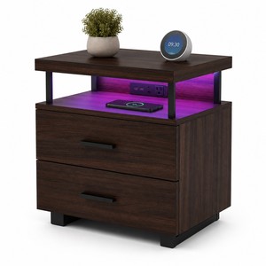 Mesita de Noche Inteligente con Luz Ambiental LED RGB, Carga Inalámbrica Qi de 15W, Chapa de Nogal Oscuro, Control por Aplicación, CARB P2 - Product Image 6