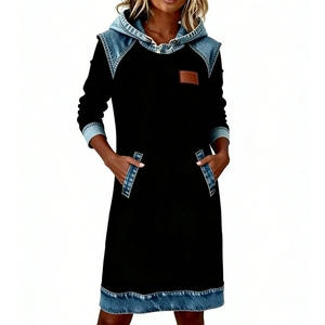 Robe sweat à capuche en jean pour femme - Tunique à manches longues avec poches plaquées - Robes tendance pour femme - Product Image 2