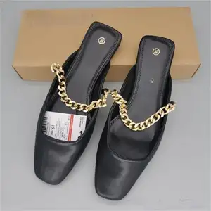 DEleventh 9049 Square head metal chain close toe slip on slipper women's fashion flat loafers lazy Mueller shoe outside footwear