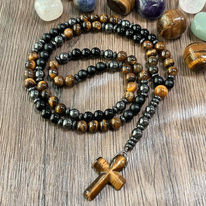 Collar con colgante de Cruz religiosa con cuentas de ojo de tigre amarillo hematita para hombres, regalo de estilo Hip Hop, joyería de Piedra de hierro - Product Image 3