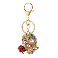 Porte-clés Crâne en Strass avec Rose dans la Bouche, Breloque Tête de Squelette d'Halloween, Anneau de Clés de Voiture, Pendentif de Sac à Main