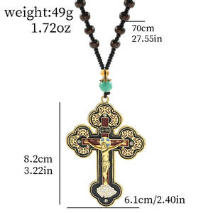 Crocifisso ortodosso <span class=keywords><strong>collana</strong></span> pendente con perline in legno oro e <span class=keywords><strong>argento</strong></span> tono croce con gesus Christian gioielli religiosi uomini donne - Product Image 3