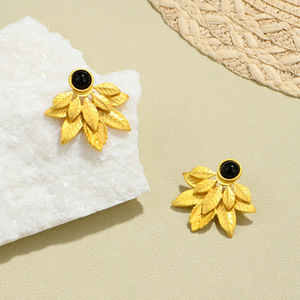 Leaf <b>Stud</b> <b>Earrings</b> Gold <b>Black</b> Gemstone Zinc Alloy Bezel Setting Plant Design Fashion Jewelry - Product Image 3