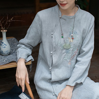 Vente en gros Cardigan ouvert sur le devant Robe en lin à manches longues Femme Robe en lin de style chinois Robe en lin brodée