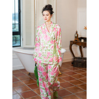 Ensemble de pyjama en soie glacée à manches longues et deux pièces Ethereal Garden, imprimé numérique de luxe, pour femmes, printemps/automne, été, hiver, doux