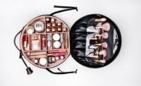 Organisateur de rangement en cuir PU, nouvelles trousses de maquillage rondes pour les voyages avec plateau en plastique, trousses de maquillage portables, étui à maquillage avec miroir