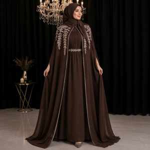 Elegant Brown Embroidered Organza A-Line <b>Abaya</b> Floor-Length Scoop Neck Watteau Train Cloak Sleeve Modest <b>Dress</b> for Women - Product Image 1