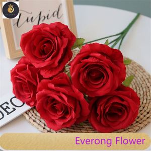 5 cabezas de flores artificiales de terciopelo, suministros de boda, decoraciones de boda de alta calidad, ramo de rosas, flores artificiales de seda - Product Image 5
