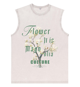 Chaleco Oversize Lavado para Hombre con Estampado de Flor de Magnolia Blanca y Fuente Gótica, Almacén de EE. UU., Venta al por Mayor, Estilo Urbano Elegante - Product Image 6