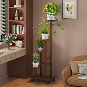 Support à plantes <span class=keywords><strong>en</strong></span> bambou à 5 niveaux, <span class=keywords><strong>porte</strong></span>-pots de fleurs multi-étages avec roulettes - Product Image 5