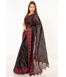 Sari en coton authentique avec de magnifiques broderies florales dorées, tenue ethnique indienne classique pour les festivals, les mariages et les événements. - Product Image 3