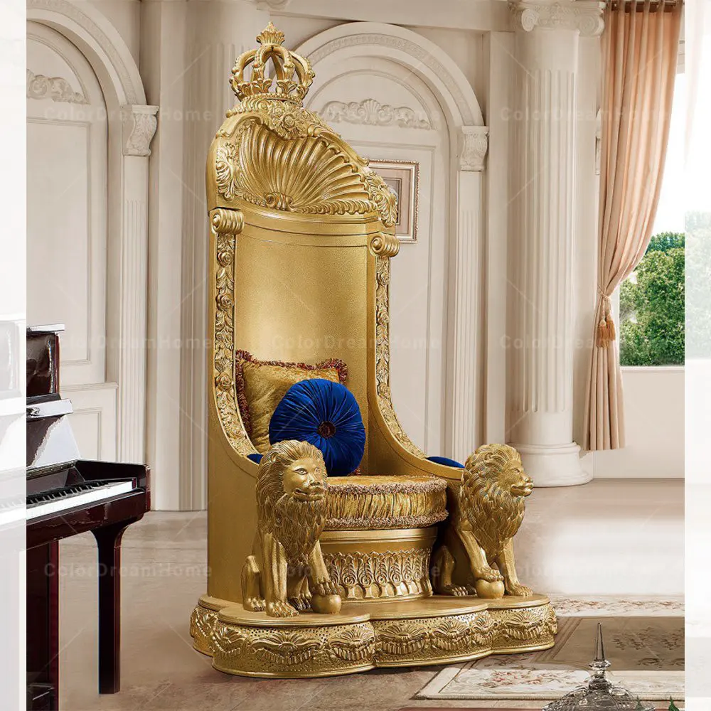 เก้าอี้บัลลังก์สีทองสไตล์โรโคโค่ทำด้วยมือขนาดใหญ่หลังสูงเก้าอี้ราชบัลลังก์ของกษัตริย์