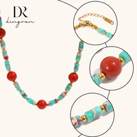 Collier en acier inoxydable plaqué or 18 carats avec perles de turquoise naturelle et pierre rouge pour femmes, vente en gros, bijoux tendance